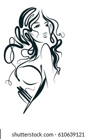 VECTOR 
stylish  original hand-drawn graphics portrait  with beautiful young attractive girl model for design. Fashion, style,  beauty . Graphic, sketch drawing.   Woman, girl.
