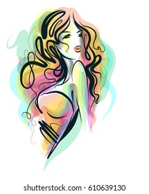 VECTOR 
stylish  original hand-drawn graphics portrait  with beautiful young attractive girl model for design. Fashion, style,  beauty . Graphic, sketch drawing.   Woman, girl.
