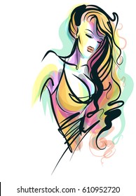 VECTOR 
stylish  original hand-drawn graphics portrait  with beautiful young attractive girl model for design. Fashion, style,  beauty . Graphic, sketch drawing.   Woman, girl.

