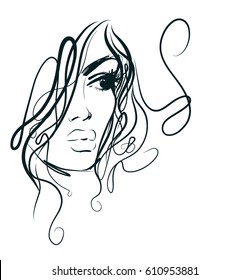 VECTOR 
stylish  original hand-drawn graphics portrait  with beautiful young attractive girl model for design. Fashion, style,  beauty . Graphic, sketch drawing.   Woman, girl.

