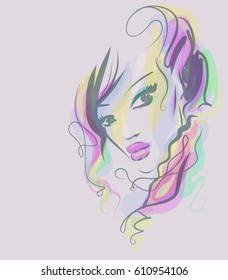 VECTOR 
stylish  original hand-drawn graphics portrait  with beautiful young attractive girl model for design. Fashion, style,  beauty . Graphic, sketch drawing.   Woman, girl.

