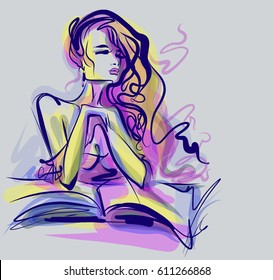 VECTOR 
stylish  original hand-drawn graphics portrait  with beautiful young attractive girl model for design. Fashion, style,  beauty . Graphic, sketch drawing.   Woman, girl.
