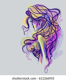 VECTOR 
stylish  original hand-drawn graphics portrait  with beautiful young attractive girl model for design. Fashion, style,  beauty . Graphic, sketch drawing.   Woman, girl.
