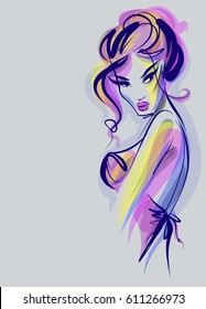 VECTOR 
stylish  original hand-drawn graphics portrait  with beautiful young attractive girl model for design. Fashion, style,  beauty . Graphic, sketch drawing.   Woman, girl.

