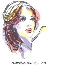 VECTOR stylish  original hand-drawn graphics portrait  with beautiful young attractive girl model for design. 
