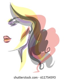 VECTOR stylish  original hand-drawn graphics portrait  with beautiful young attractive girl model for design. Fashion, style,  beauty . Graphic, sketch drawing.   Woman, girl.