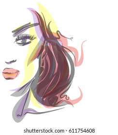 VECTOR stylish  original hand-drawn graphics portrait  with beautiful young attractive girl model for design. Fashion, style,  beauty . Graphic, sketch drawing.   Woman, girl.