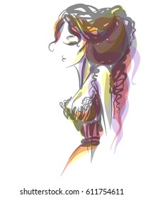 VECTOR stylish  original hand-drawn graphics portrait  with beautiful young attractive girl model for design. Fashion, style,  beauty . Graphic, sketch drawing.   Woman, girl.
