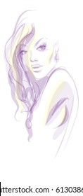 VECTOR 
stylish  original hand-drawn graphics portrait  with beautiful young attractive girl model for design. Fashion, style,  beauty . Graphic, sketch drawing.   Woman, girl.
