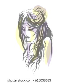 VECTOR 
stylish  original hand-drawn graphics portrait  with beautiful young attractive girl model for design. Fashion, style,  beauty . Graphic, sketch drawing.   Woman, girl.

