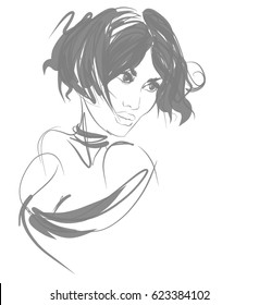 VECTOR 
stylish  original hand-drawn graphics portrait  with beautiful young attractive girl model for design. Fashion, style,  beauty . Graphic, sketch drawing.   Woman, girl.


