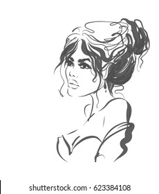 VECTOR 
stylish  original hand-drawn graphics portrait  with beautiful young attractive girl model for design. Fashion, style,  beauty . Graphic, sketch drawing.   Woman, girl.

