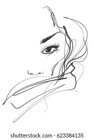 VECTOR 
stylish  original hand-drawn graphics portrait  with beautiful young attractive girl model for design. Fashion, style,  beauty . Graphic, sketch drawing.   Woman, girl.

