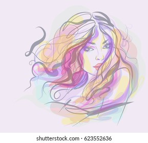  VECTOR 
stylish  original hand-drawn graphics portrait  with beautiful young attractive girl model for design. Fashion, style,  beauty . Graphic, sketch drawing.   Woman, girl.



