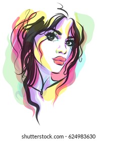 VECTOR 
stylish  original hand-drawn graphics portrait  with beautiful young attractive girl model for design. Fashion, style,  beauty . Graphic, sketch drawing.   Woman, girl.

