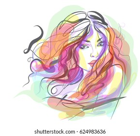 VECTOR 
stylish  original hand-drawn graphics portrait  with beautiful young attractive girl model for design. Fashion, style,  beauty . Graphic, sketch drawing.   Woman, girl.

