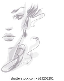 VECTOR 
stylish  original hand-drawn graphics portrait  with beautiful young attractive girl model for design. Fashion, style,  beauty . Graphic, sketch drawing.   Woman, girl.
