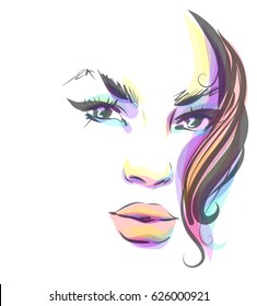 VECTOR 
stylish  original hand-drawn graphics portrait  with beautiful young attractive girl model for design. Fashion, style,  beauty . Graphic, sketch drawing.   Woman, girl.


