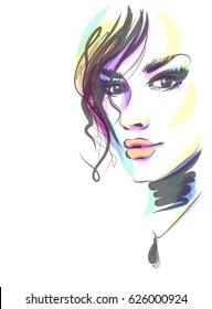 VECTOR 
stylish  original hand-drawn graphics portrait  with beautiful young attractive girl model for design. Fashion, style,  beauty . Graphic, sketch drawing.   Woman, girl.


