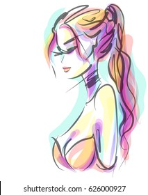 VECTOR 
stylish  original hand-drawn graphics portrait  with beautiful young attractive girl model for design. Fashion, style,  beauty . Graphic, sketch drawing.   Woman, girl.

