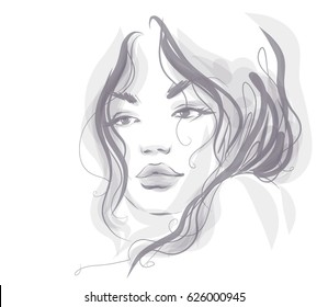 VECTOR 
stylish  original hand-drawn graphics portrait  with beautiful young attractive girl model for design. Fashion, style,  beauty . Graphic, sketch drawing.   Woman, girl.

