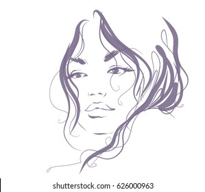 VECTOR 
stylish  original hand-drawn graphics portrait  with beautiful young attractive girl model for design. Fashion, style,  beauty . Graphic, sketch drawing.   Woman, girl.

