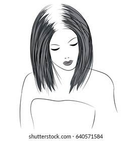 Vector stylish original hand-drawn graphics portrait with beautiful young attractive girl. Model for design. Fashion, style, beauty . Graphic, sketch drawing. Sexy woman