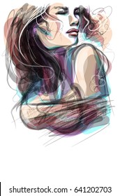 VECTOR stylish original hand-drawn graphics portrait with beautiful young attractive girl model for design.