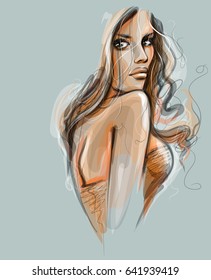 VECTOR 
stylish  original hand-drawn graphics portrait  with beautiful young attractive girl model for design. Fashion, style,  beauty . Graphic, sketch drawing.   Woman, girl.



