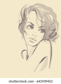 VECTOR 
stylish  original hand-drawn graphics portrait  with beautiful young attractive girl model for design. Fashion, style,  beauty . Graphic, sketch drawing.   Woman, girl.



