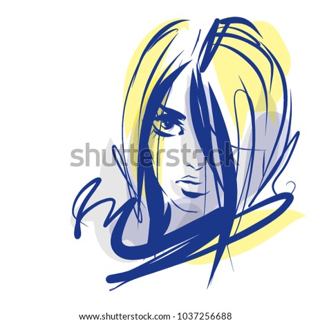 VECTOR 
stylish  original hand-drawn graphics portrait  with beautiful young attractive girl model for design. Fashion, style,    beauty . Graphic, sketch drawing. Sexy  woman
