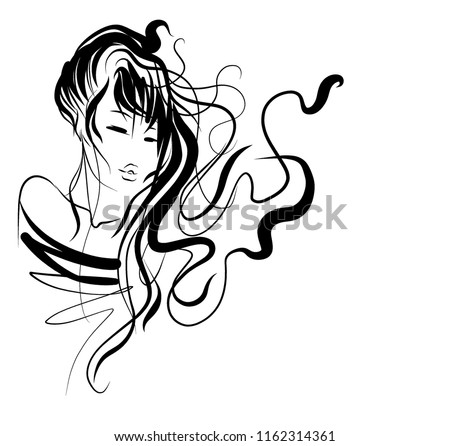 VECTOR 
stylish  original hand-drawn graphics portrait  with beautiful young attractive girl model for design. Fashion, style,    beauty . Graphic, sketch drawing.  
logotype

