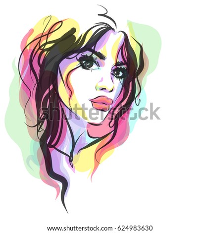VECTOR 
stylish  original hand-drawn graphics portrait  with beautiful young attractive girl model for design. Fashion, style,  beauty . Graphic, sketch drawing.   Woman, girl.

