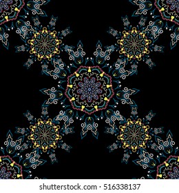 Vector stylish ornament. Abstract flowers on a black background. Royal wallpaper. Damask seamless floral pattern in neutral, yellow and blue colors.