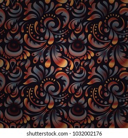 Vector stylish ornament. Damask seamless floral pattern in orange, gray and brown colors. Royal wallpaper with abstract flowers.