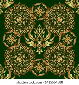 Vector stylish ornament. Damask seamless pattern with doodles. Abstract doodles on a green background. Royal wallpaper.