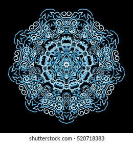 Vector stylish ornament. Damask seamless floral pattern in blue colors. Abstract flowers on a black background. Royal wallpaper.