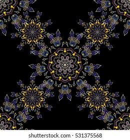 Vector stylish ornament. Damask seamless floral pattern in beige, blue and yellow colors. Abstract flowers on a black background. Royal wallpaper.