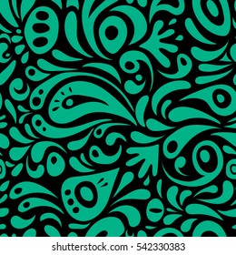 Vector stylish ornament. Damask seamless floral pattern in green colors. Abstract flowers on a black background. Royal wallpaper.