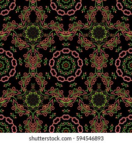 Vector stylish ornament. Damask seamless floral pattern in brown, pink and green colors. Abstract flowers on a black background. Royal wallpaper.