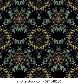 Vector stylish ornament. Damask seamless floral pattern in green, orange and beige colors. Royal wallpaper with abstract flowers.