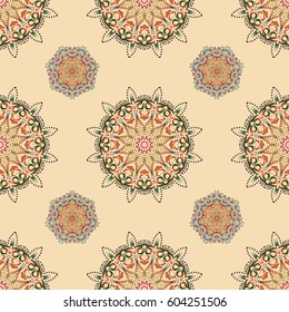 Vector stylish ornament. Damask seamless pattern in blue, red and pink colors. Royal wallpaper with abstract flowers.