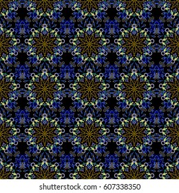 Vector stylish ornament. Damask seamless floral pattern in blue, pink and yellow colors. Royal wallpaper with abstract flowers.