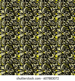 Vector stylish ornament. Damask seamless pattern with doodles. Abstract doodles on a black background. Royal wallpaper.