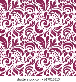 Vector stylish ornament. Damask seamless doodle pattern in purple colors. Abstract doodles on a white background. Royal wallpaper.