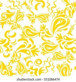 Vector stylish ornament. Royal wallpaper. Damask seamless pattern in yellow colors. Abstract flowers on a white background.
