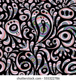 Vector stylish ornament. Royal wallpaper. Damask seamless pattern with doodles. Abstract doodles on a black background.