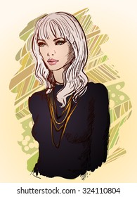 Vector stylish   portrait with a beautiful girl for your design. Fashion, style, beauty. Blonde hair, blue eyes,