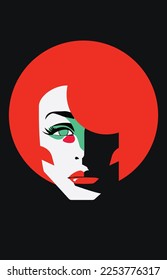Vector stylish portrait of a woman with red lips on a black background 