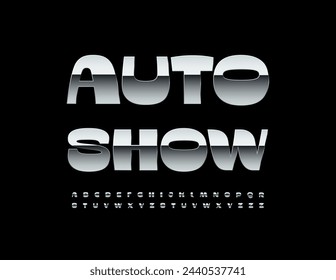Vector stylish poster Auto Show. Metallic set of Cool Alphabet Letters and Numbers. Modern Artistic Font.